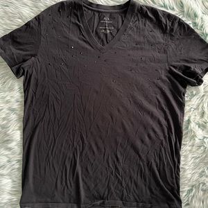 Luxury V Neck, Armani Exchange, Black T-shirt With Black Glitter Accents.